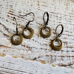 Petite Antiqued Brass Hoop Earrings, Brass Ring Drop Earrings, Small Antiqued Brass Circle Earrings, Bronze Ring Drops