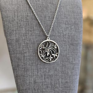 Rustic Silver Floral Pendant Necklace: Boho Pewter Flower Jewelry