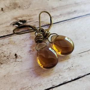 Smoky Brown Czech Glass Teardrop Earrings: Antiqued Brass Wire Wrapped