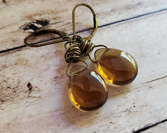 Brown Glass Teardrop Earrings, Rustic Transparent Brown Earrings, Rustic Brown Earrings, Brass, Boho, Wire Wrapped