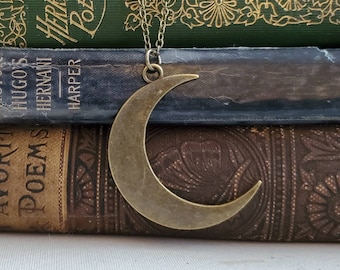 Minimal Bronze Crescent Moon Necklace, Bronze Moon Necklace, Crescent Moon Charm Necklace, Long Boho Moon Necklace