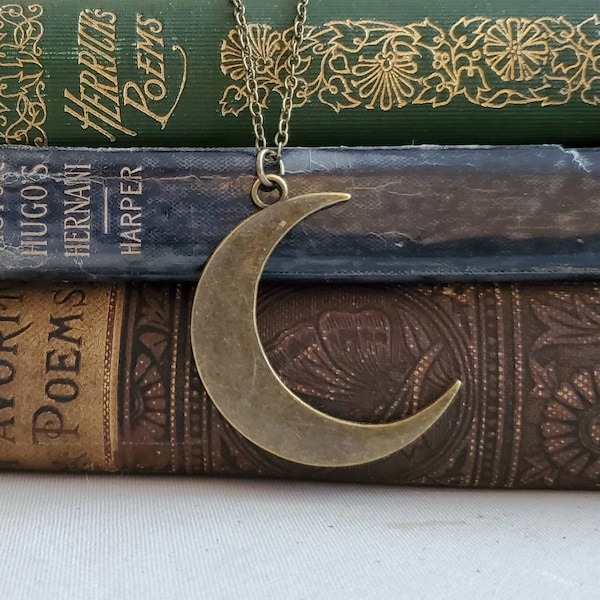 Minimal Bronze Crescent Moon Necklace, Bronze Moon Necklace, Crescent Moon Charm Necklace, Long Boho Moon Necklace