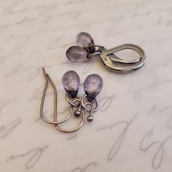 Tiny Transparent Lavender Denim Czech Glass Teardrop Dangle Earrings, Petite, Leverback, Purple Blue Czech Glass Teardrop Earrings