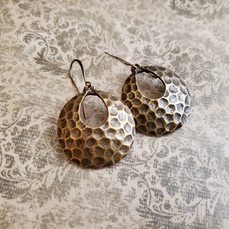 Hammered Rounded Bronze Geometric Disc Earrings, Brass Disc Earrings, Rounded Hammered Brass shops Circle Earrings
