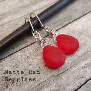 Red Seaglass Czech Glass Wire Wrapped Teardrop Dangle Earrings, Wire Wrap Red Dangle Earrings, Matte Red Teardrop Earrings, Red Earrings