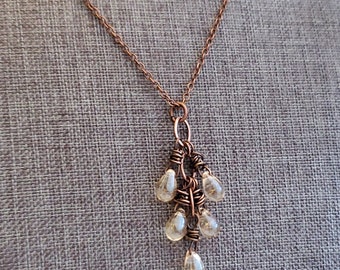 Champagne Czech Glass Cluster Pendant Necklace: Oxidized Copper Chandelier