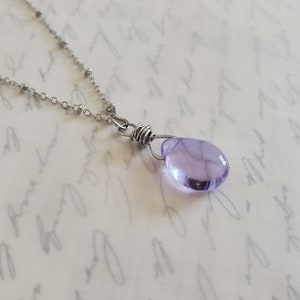 Minimal Lavender Glass Teardrop Necklace, Pale purple Necklace, Purple Czech Glass Teardrop Pendant Necklace in Antiqued Silver, Alexandrite