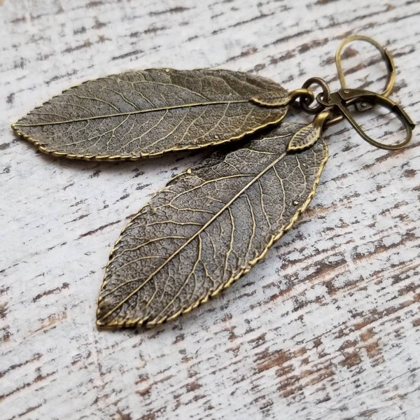 Antiqued Brass Leaf Earrings, Artisan Leaf Earrings, Bronze Leaf Earrings, Oxidized Brass Leaf Earrings