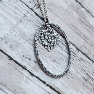 Long Boho Antiqued Silver Minimal Layering Necklace, Steampunk, Minimal Oval Ring Pendant, Silver Chain, Skinny Chain image 9