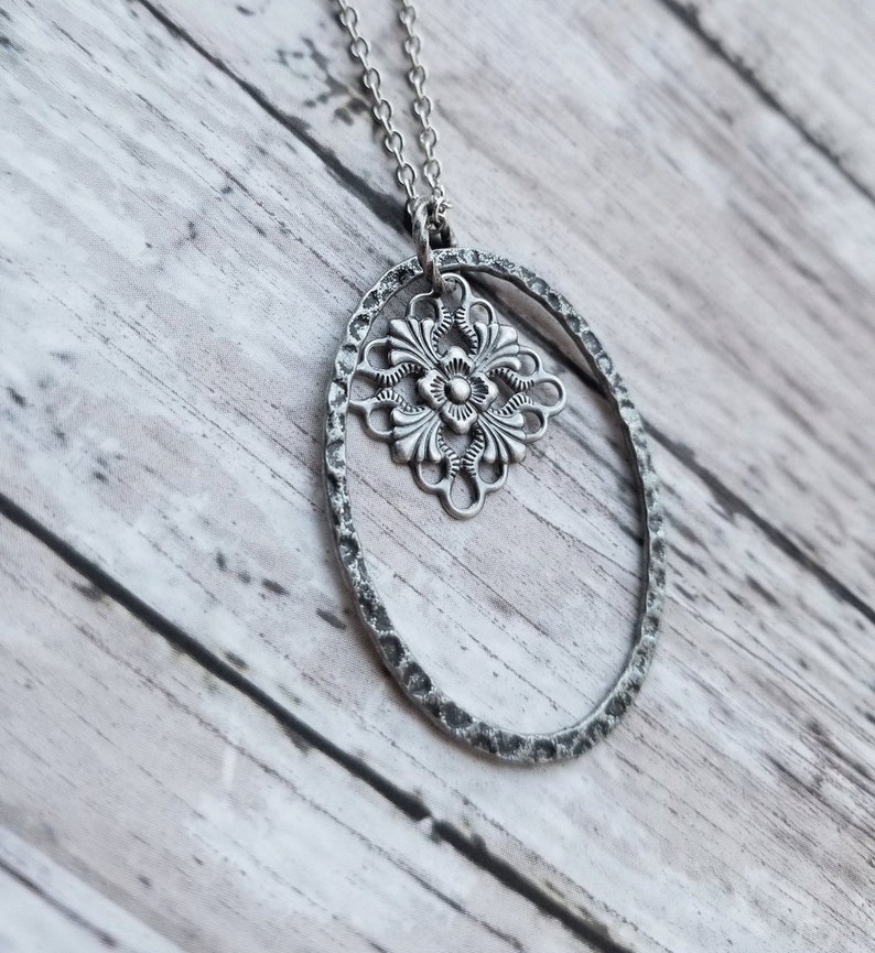Long Boho Antiqued Silver Minimal Layering Necklace, Steampunk, Minimal Oval Ring Pendant, Silver Chain, Skinny Chain image 9