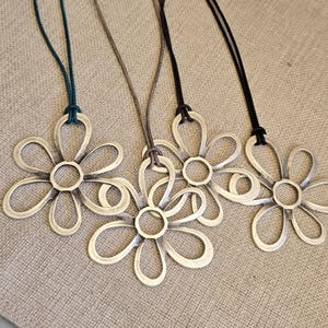 Silver Flower Pendant Leather Necklace: Long Boho Floral Jewelry