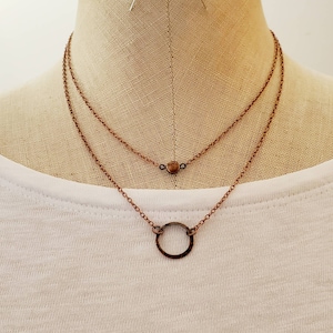 Antiqued Copper Ring and Disc Double Chain Pendant Necklace, Copper Ring Necklace, Copper Circle Pendant, Layered Necklace