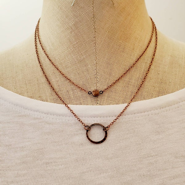 Antiqued Copper Ring and Disc Double Chain Pendant Necklace, Copper Ring Necklace, Copper Circle Pendant, Layered Necklace