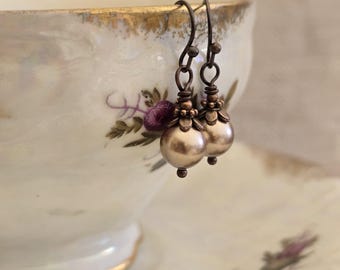 Mocha Swarovski Pearl Earrings in Antiqued Copper, Creamy Brown Pearls