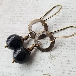 Black Onyx Earrings in Antiqued Brass, Boho Onyx Earrings, Black Dangle Earrings in Antiqued Bronze