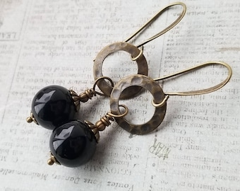 Black Onyx Dangle Earrings: Antiqued Brass Boho Earrings