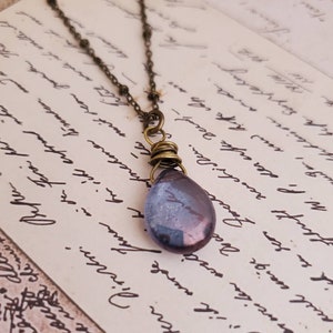 For Ronda, Lavender Denim Czech Glass Teardrop Pendant Necklace in Antiqued Brass Satellite Chain, Purple Glass Pendant Necklace, Wire Wrap