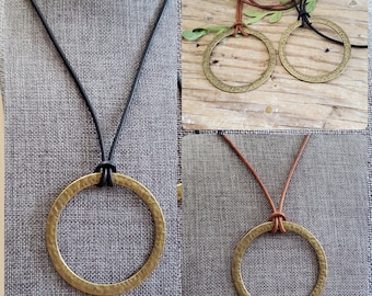 Long Boho Leather Bronze Circle Necklace in Brown or Black, Boho Vintage Brass Circle Pendant on Leather, Adjustable