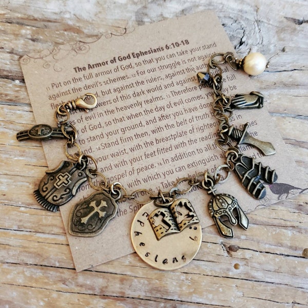 Armor of God Bracelet, Bronze Armor of God Charm Bracelet, Ephesians, Scripture by MagpieMadnessJewelry on Etsy