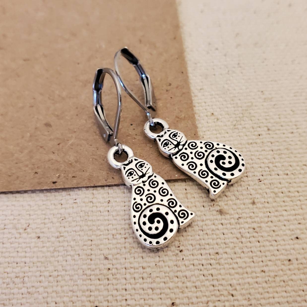 Silver Cat Earrings, Cat Earrings, Tabby, Minimal, Antiqued