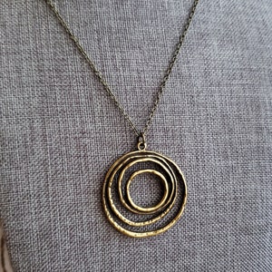 Long Boho Bronze Layered Ring Ring Layering Necklace, Steampunk, Layered Circle Pendant, Bronze Chain, Skinny Chain