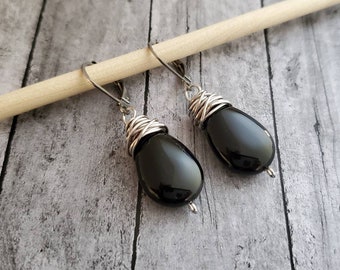 Black Onyx Teardrop Earrings: Wire Wrapped Dangle, Leverback