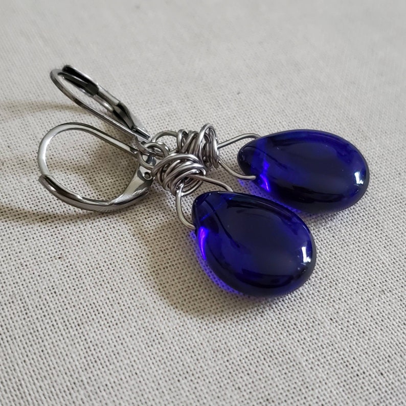 Translucent Cobalt Teardrop Earrings, Cobalt Blue Glass Teardrop Earrings, Cobalt Blue Wire Wrapped Earrings, Antiqued Silver image 2