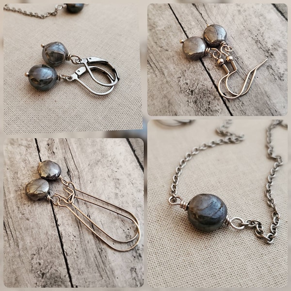 Petite Labradorite Earrings and Pendant, Minimal Labradorite Dangle Earrings, Tiny Labradorite Choker in Stainless Steel