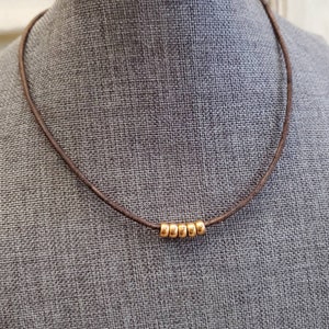 Minimal Copper Bead Leather Necklace, Leather Choker, Short Leather and Copper Necklace, Minimal Antiqued Copper Loose Bead Necklace