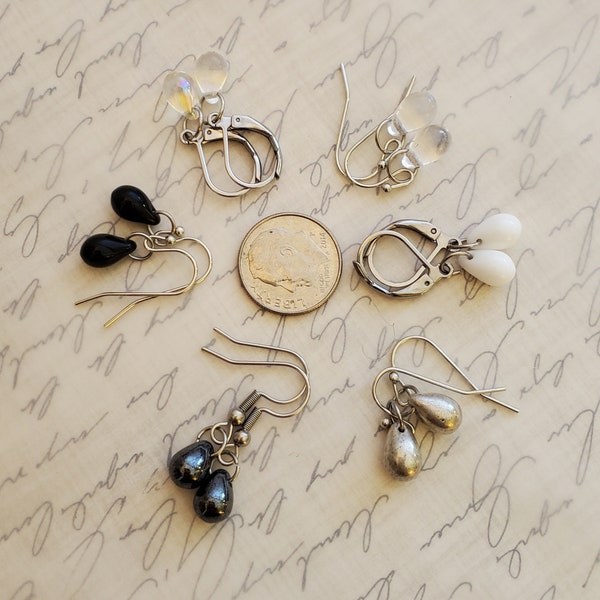 Tiny Teardrop Dangle Earrings in Clear, Black, and Gray, Petite Clear Dangle, Leverback, Charcoal Czech Glass Teardrop Earrings