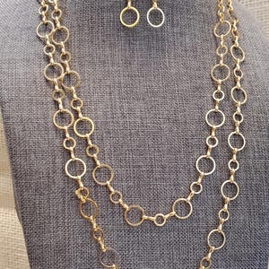 Long Shiny Gold Link Chain Necklace, 40 Inch Gold Statement Necklace, Long Gold Ring Chain Necklace, Adjustable, Earrings