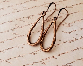 Hammered Antiqued Copper Open Teardrop Earrings, Copper Outline Teardrop Earrings, Antique Copper Teardrop Earrings