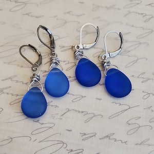 Matte Sapphire Blue Teardrop Earrings, Dark and Light Blue Glass Teardrop Earrings, Blue Wire Wrapped Earrings, Antiqued Silver