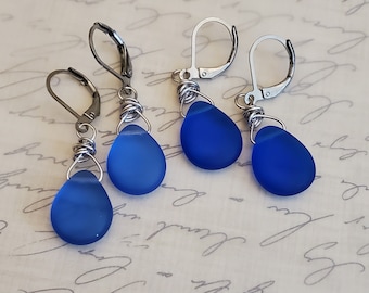 Matte Sapphire Blue Teardrop Earrings, Dark and Light Blue Glass Teardrop Earrings, Blue Wire Wrapped Earrings, Antiqued Silver