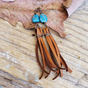 Long Blue Turquoise Leather Tassel Earrings in Antiqued Copper, Blue Turquoise earrings, Boho Leather Statement Earrings, Southwestern,