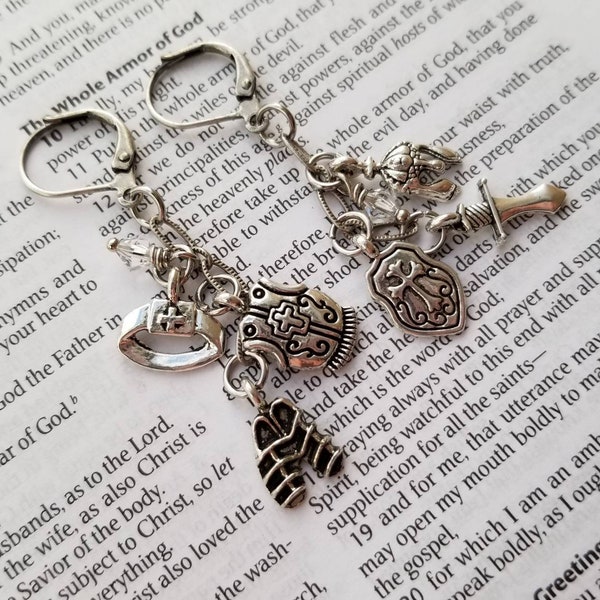 Armor of God Charm Dangle Earrings, Silver Armor of God Earrings, Ephesians, Scripture Jewelry, Ephesians 6 Jewelry, Armor of God