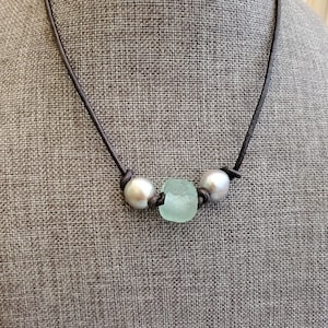 Aqua African Sea glass and Gray Freshwater Pearl Necklace in Antiqued Gray Leather, African Glass and Pearl Leather Necklace