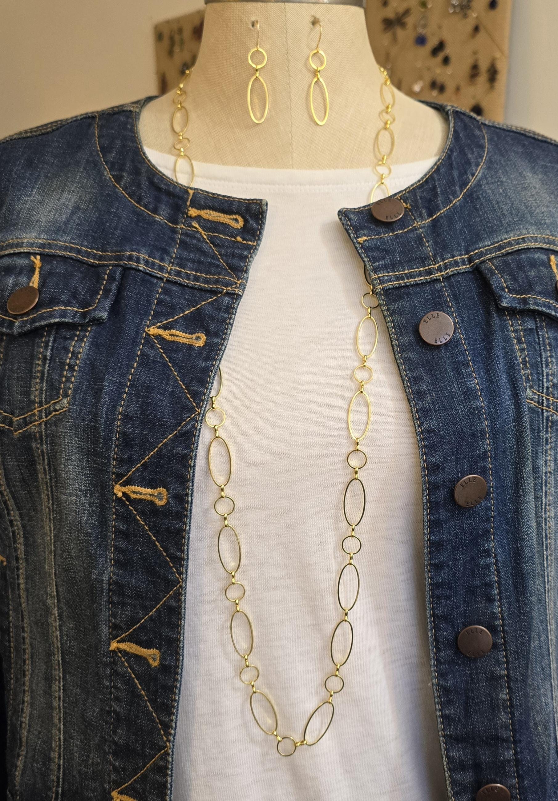 Long Yellow Gold Oval Link Chain Necklace: 40 Inch Adjustable