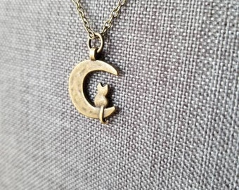 Minimal Bronze Cat in the Moon Charm Necklace, Bronze Cat Necklace, Cat Charm Necklace, Crescent Moon Necklace, Dream, Cat lover