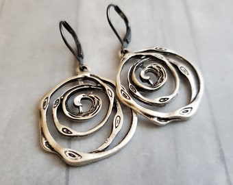 Silver Swirl Ring Earrings, Silver Ring Disc Earrings, Antiqued Silver Earrings, Swirled Silver Circle Earrings