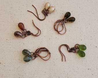 Earth Shades Petite Czech Glass Teardrop Earrings: Antiqued Copper, Earthy Green Brown