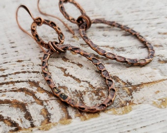 Hammered Copper Double Hoop Earrings, Copper Oval Hoop Statement Earrings, Long Antiqued Copper Earrings,  Lightweight, Steampunk