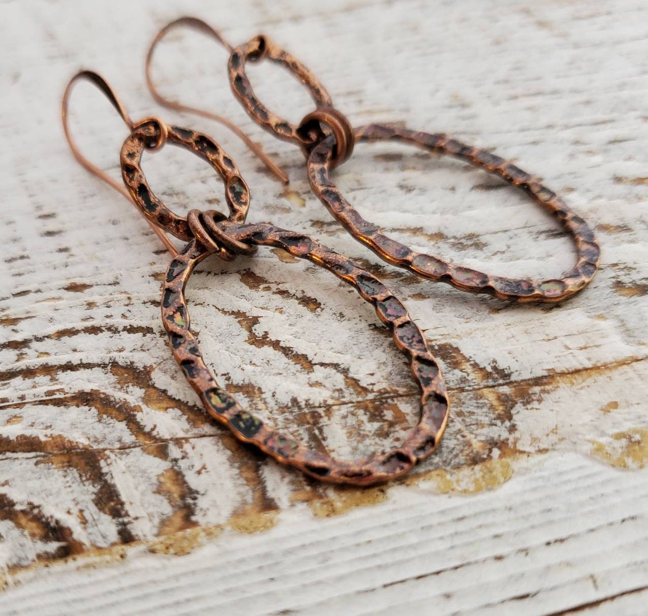 Hammered copper hoops. copper metal, earrings, jewelry.