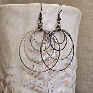 Bold 2.5" Antiqued Brass Multi Layered Hoop Earrings - Bronze Multi-Circle Dangles