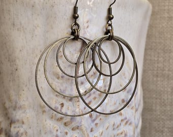 Bold 2.5" Antiqued Brass Multi Layered Hoop Earrings - Bronze Multi-Circle Dangles