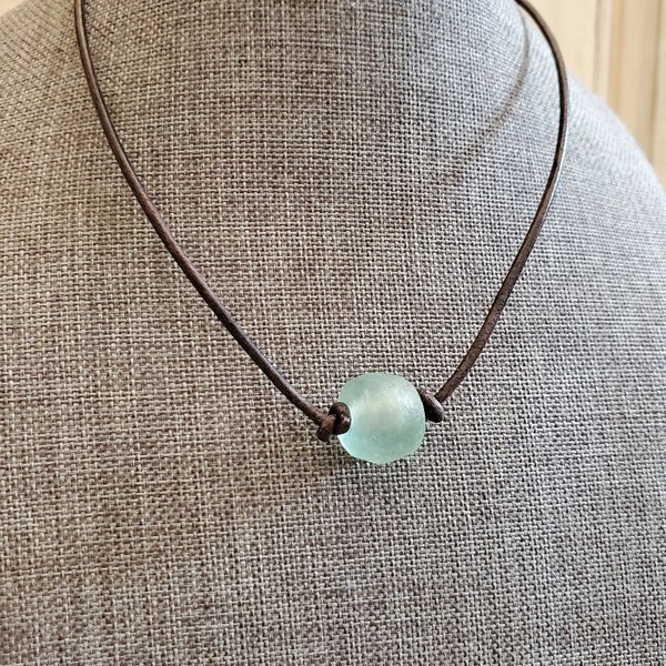 Aqua African Recycled Sea glass Choker Style Necklace in Antiqued Gray Leather, African Recycled Glass Leather Necklace, Minimal