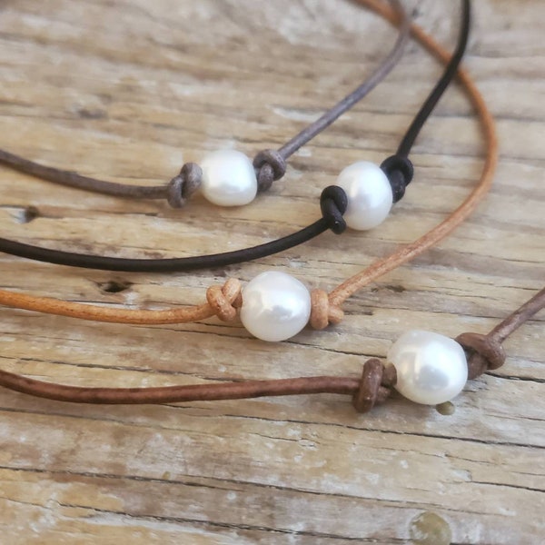 Pearl Leather Choker, Short Leather Necklace, Pearl Choker, Single Pearl Pendant in Leather,  Stacking Necklace, Tan, Brown, Gray, Ebony