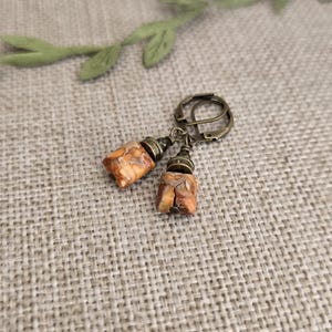 Rustic Orange Turquoise Rectangular Earrings in Antiqued Brass, Boho Tangerine Geometric Drops in Bronze image 4