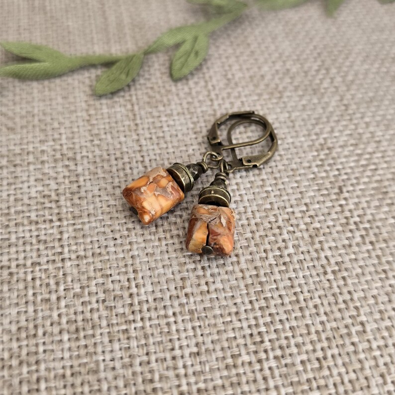 Rustic Orange Turquoise Rectangular Earrings in Antiqued Brass, Boho Tangerine Geometric Drops in Bronze image 4