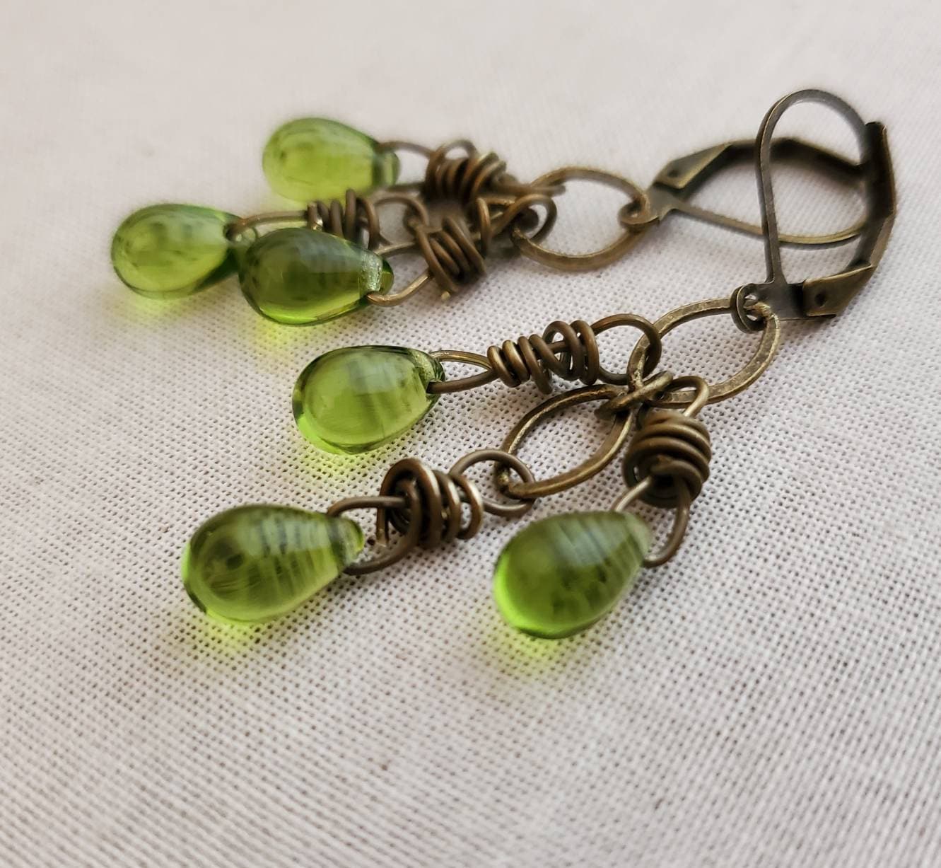 Olivine Green Czech Glass Chandelier Earrings: Antiqued Brass Wire…